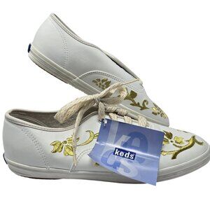 Keds Womens White Leather Sneakers With Gold Floral Embroidery Size 8